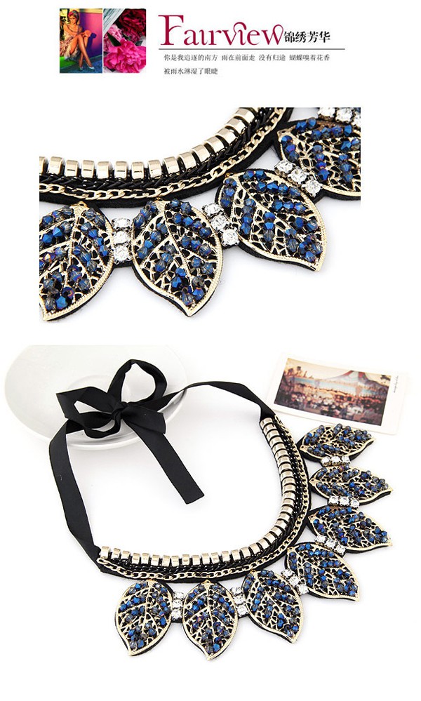 magniloquent Blue Diamond Decorated Leaf Shape Design,Bib Necklaces