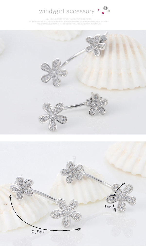 Upscale Silver Color Diamond Decorated Flower Design Cuprum Fashion Earrings ,Drop Earrings