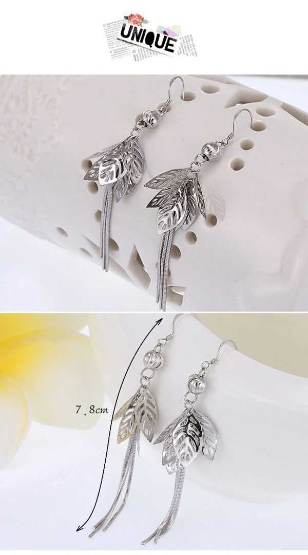 Vivid Silver Color Leaf Shape Decorated Tassel Design Cuprum Fashion Earrings ,Earrings set
