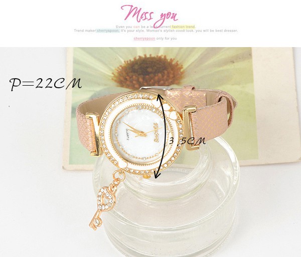 Fancy Coffee Key Pendant Decorated Snake Leather Belt Design Alloy Fashion Watches,Ladies Watches