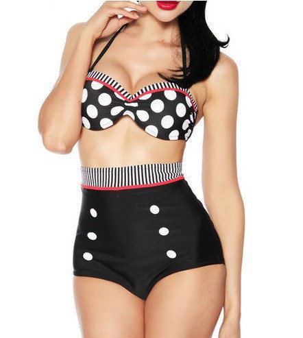 Turkish Black Dots Stripes Decorated High Waist Design Polyamide Fibre Sexy Bikini,Bikini Sets