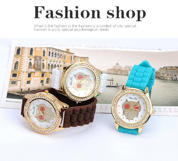 Energie green diamond decorated owl pattern design silicone Ladies Watches,Ladies Watches
