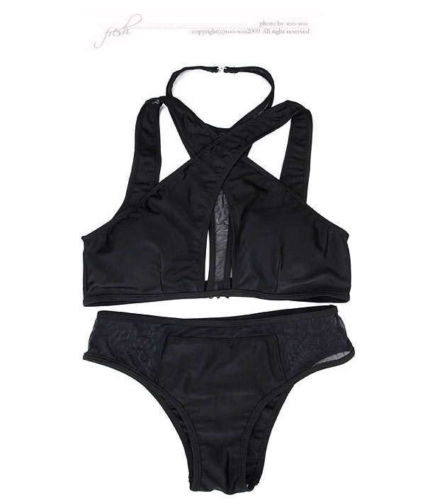 Halterneck Black Pure Color Mesh Simple Design,Swimwear Sets