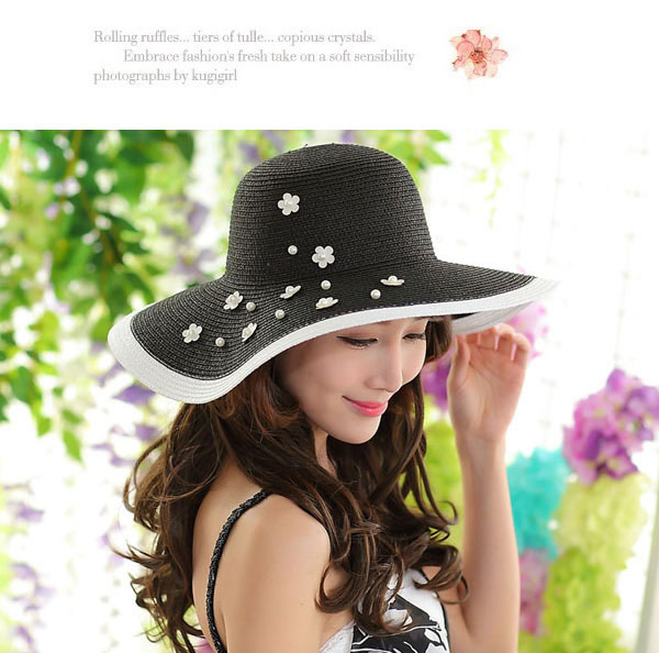 elegant Khaki Pearl Decorated Flower Design,Sun Hats