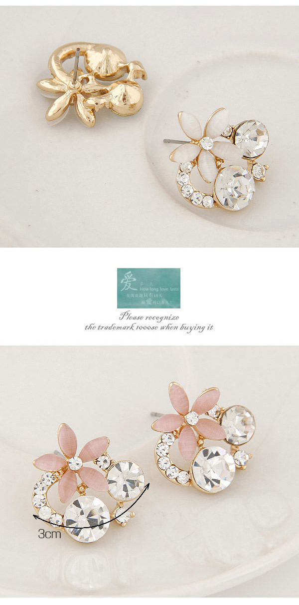 Boutique Pink Diamond Decorated Flower Design,Stud Earrings