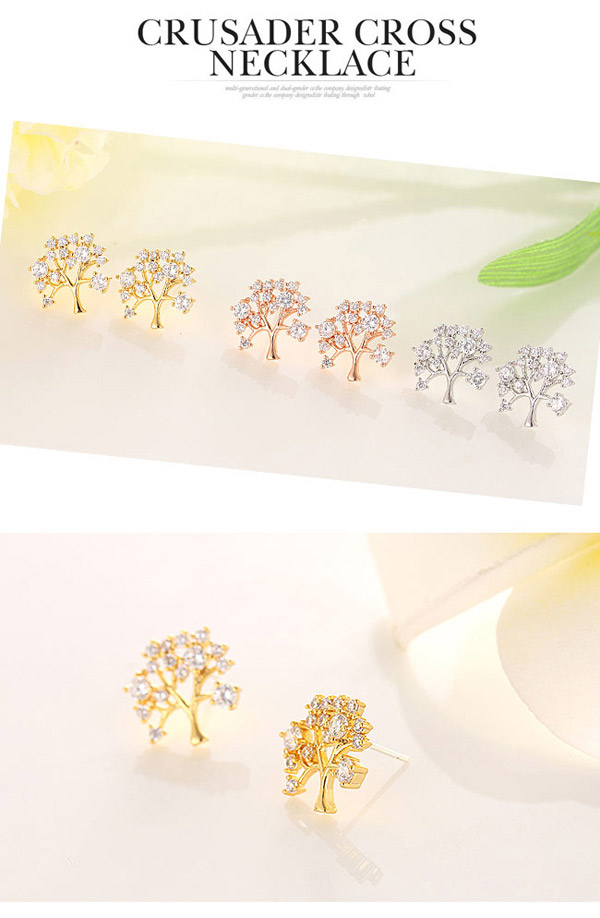Boutique Silver Color Diamond Decorated Tree Shape Design  Cuprum Fashion earrings,Stud Earrings