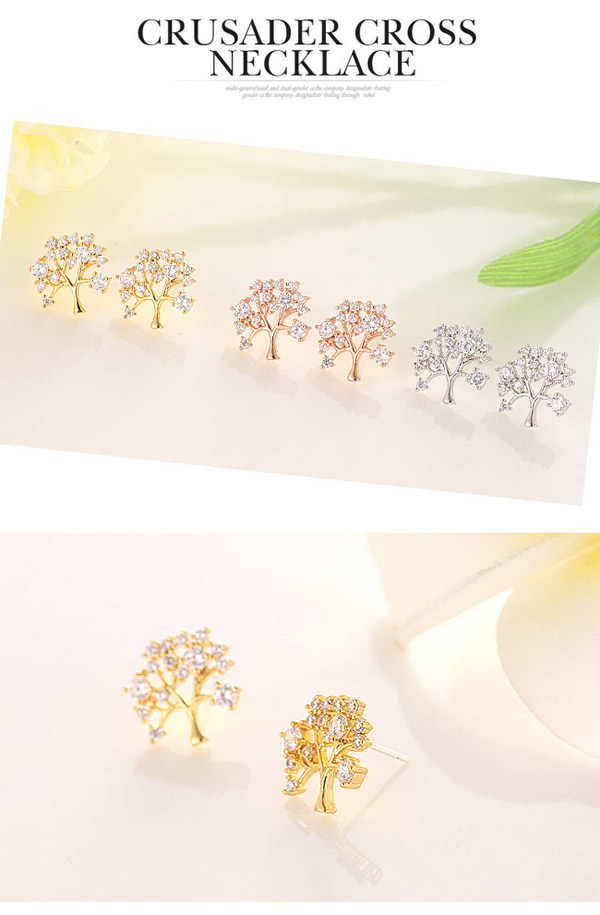 Boutique Champagne Gold Diamond Decorated Tree Shape Design  Cuprum Fashion earrings,Stud Earrings