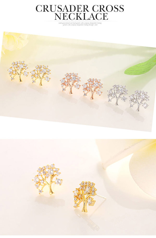 Boutique Rose Gold Diamond Decorated Tree Shape Design  Cuprum Fashion earrings,Earrings set