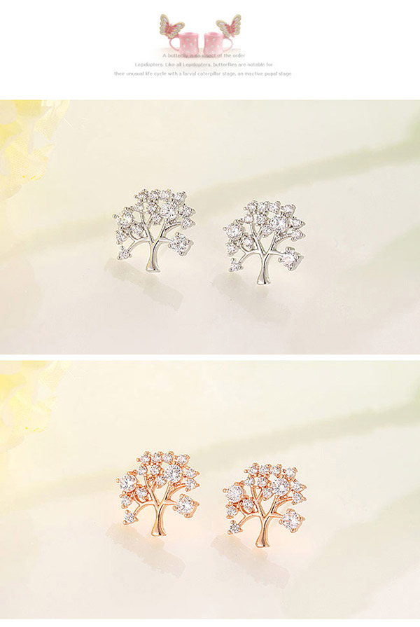 Boutique Rose Gold Diamond Decorated Tree Shape Design  Cuprum Fashion earrings,Earrings set