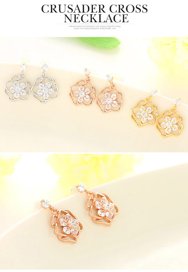 Sweet Champagne Gold Diamond Decorated Flower Design  Cuprum Fashion earrings,Earrings set