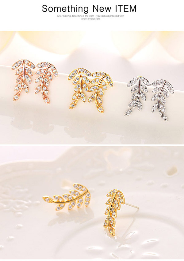 Classic Champagne Gold Diamond Decorated Leaf Shape Design  Cuprum Fashion earrings,Earrings set