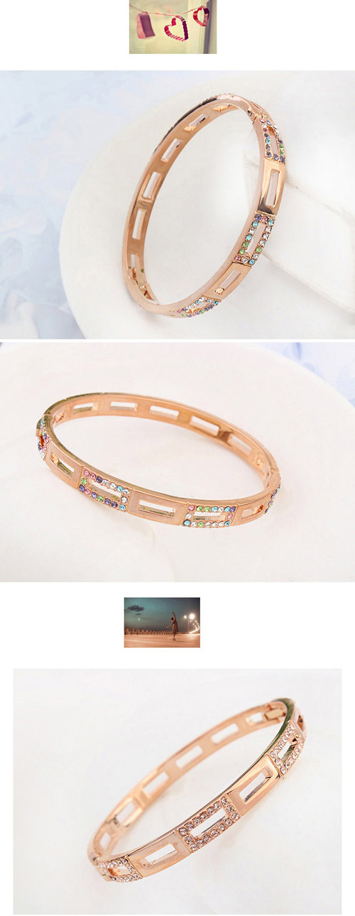 Upscale Rose Gold & Multicolor Diamond Decorated Hollow Out Design  Alloy Crystal Bracelets,Crystal Bracelets