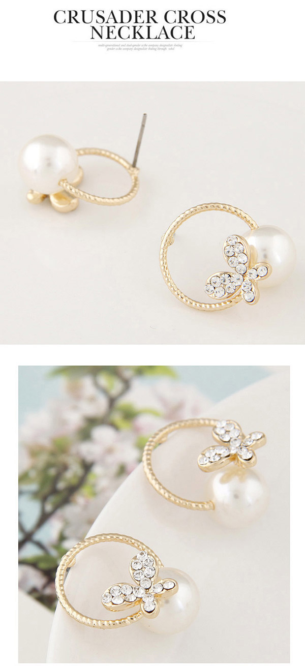 Trendy Gold Color Pearl Decorated Butterfly Design,Hoop Earrings