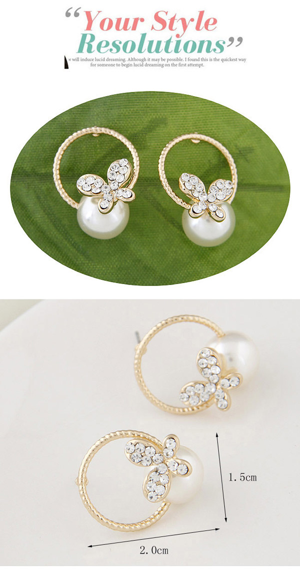 Trendy Gold Color Pearl Decorated Butterfly Design,Hoop Earrings