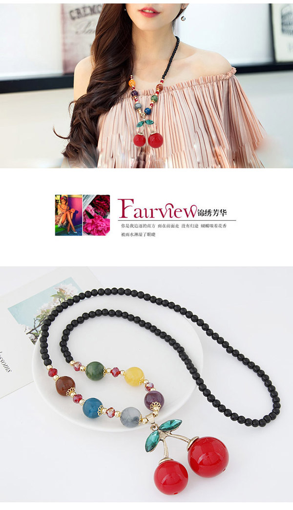 Sweet Multicolor Beads Decorated Cherry Shape Pendant Design Alloy Beaded Necklaces,Beaded Necklaces