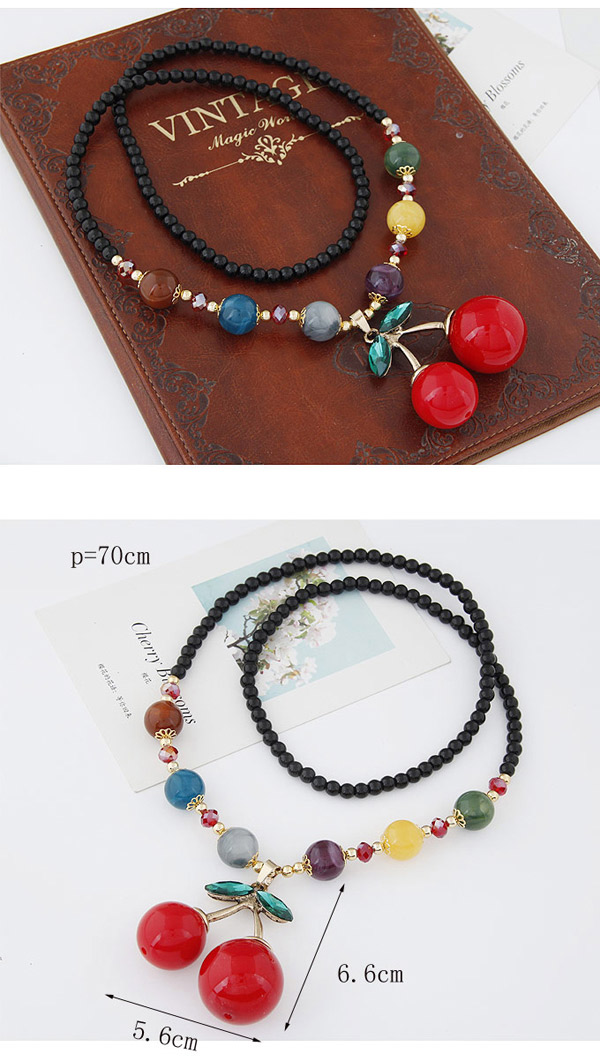 Sweet Multicolor Beads Decorated Cherry Shape Pendant Design Alloy Beaded Necklaces,Beaded Necklaces