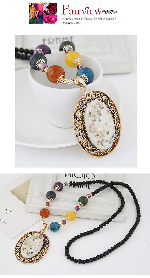 Sweet Multicolor Beads Decorated Oval Shape Pendant Design Alloy Beaded Necklaces,Beaded Necklaces