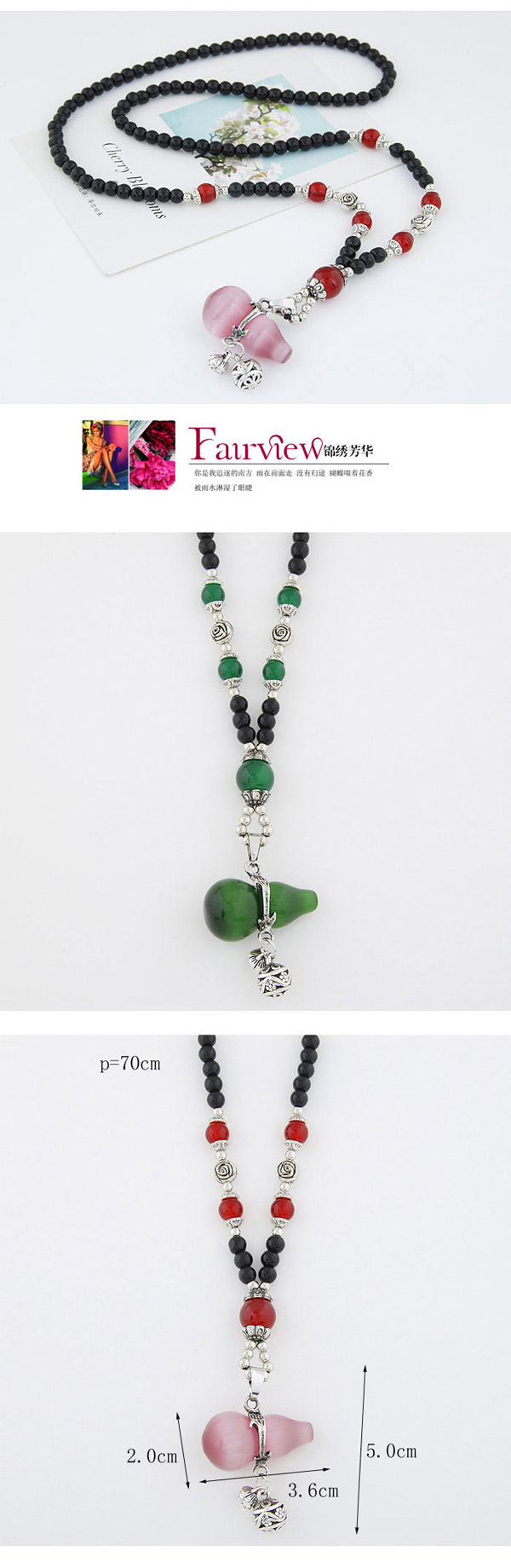 Fashion Dark Green Beads Decorated Calabash Shape Pendant Design Alloy Beaded Necklaces,Beaded Necklaces
