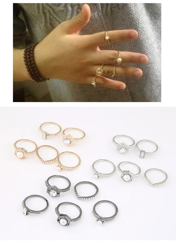 Exquisite Gold Color Diamond & Pearl Decorated Simple Design (5pcs),Fashion Rings