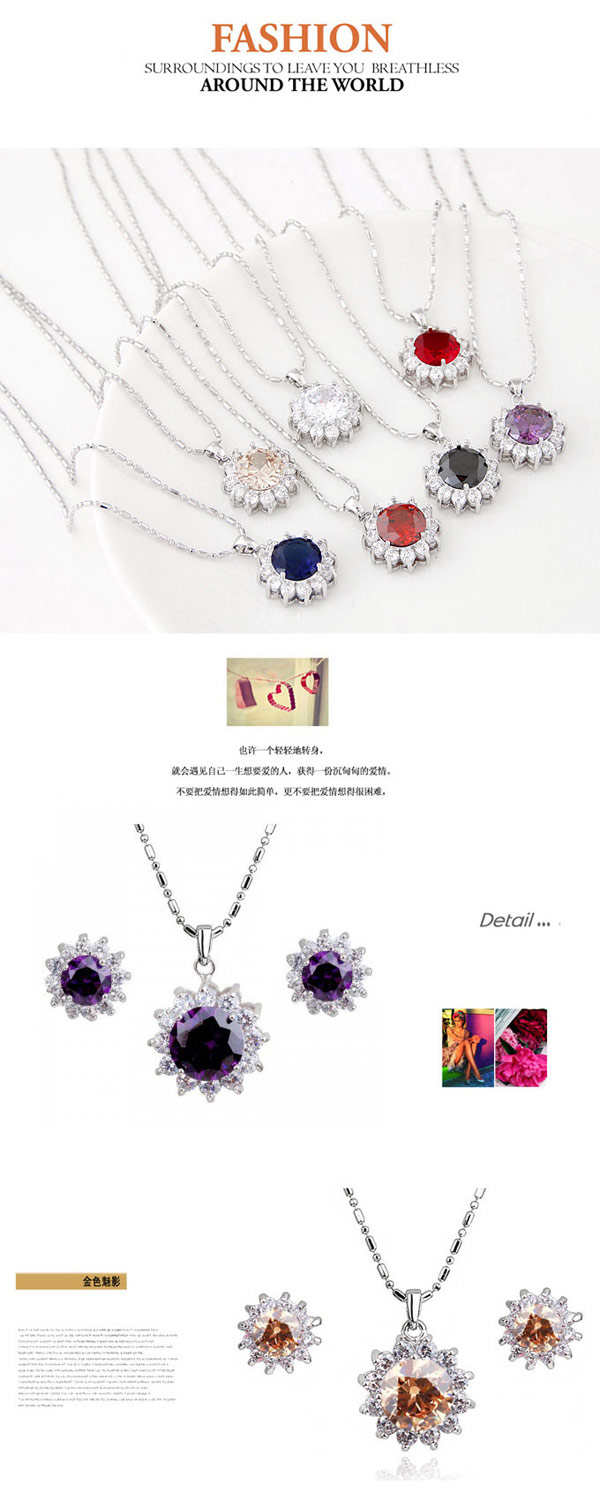 Temperament Dark Claret-red Diamond Decorated Sunflower Shape Design  Alloy Jewelry Sets,Jewelry Sets