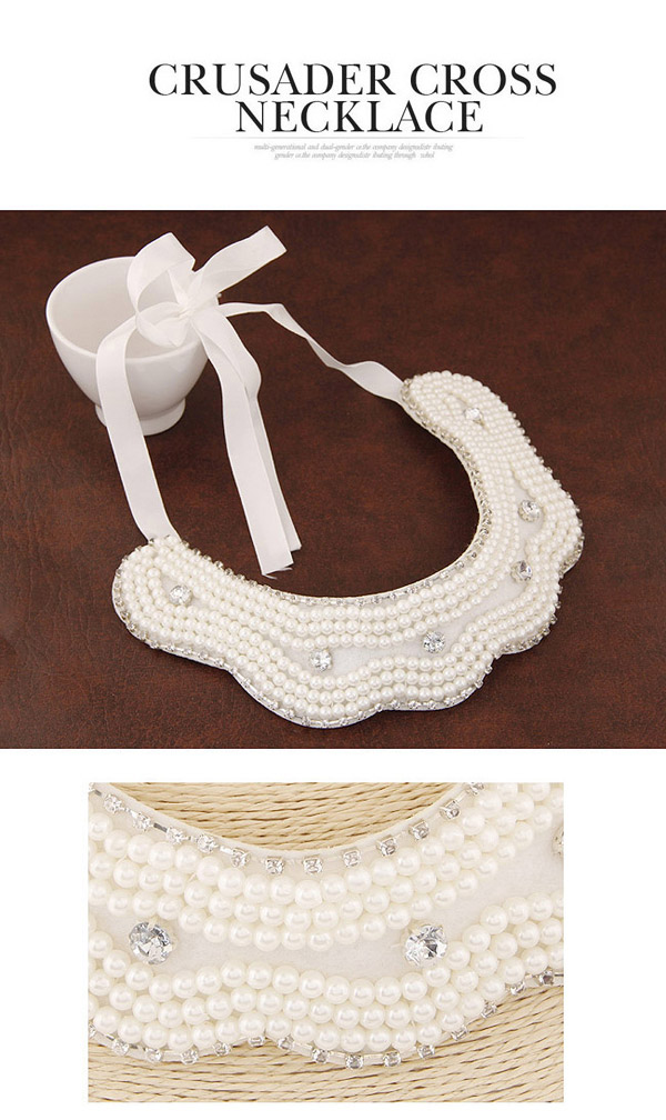 Trendy White Pearl Decorated Simple Design Fabric Detachable Collars,Thin Scaves