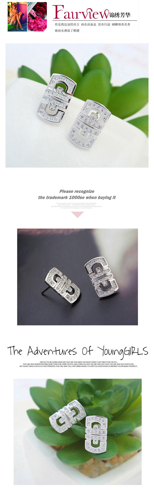 Luxurious Rose Gold Diamond Decorated Shield Shape Design  Cuprum Crystal Earrings,Crystal Earrings