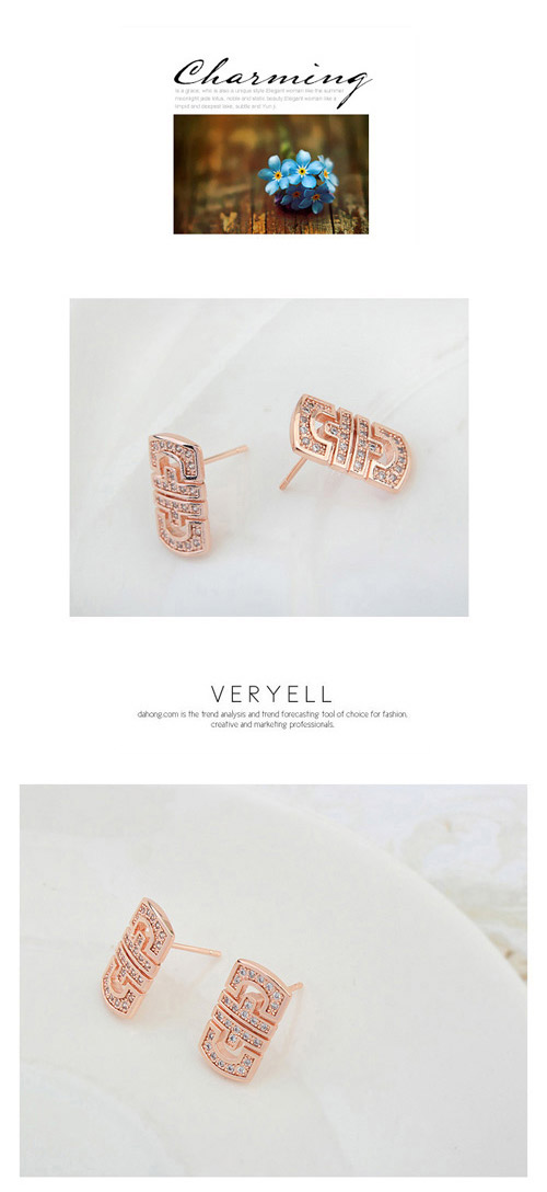 Luxurious Rose Gold Diamond Decorated Shield Shape Design  Cuprum Crystal Earrings,Crystal Earrings
