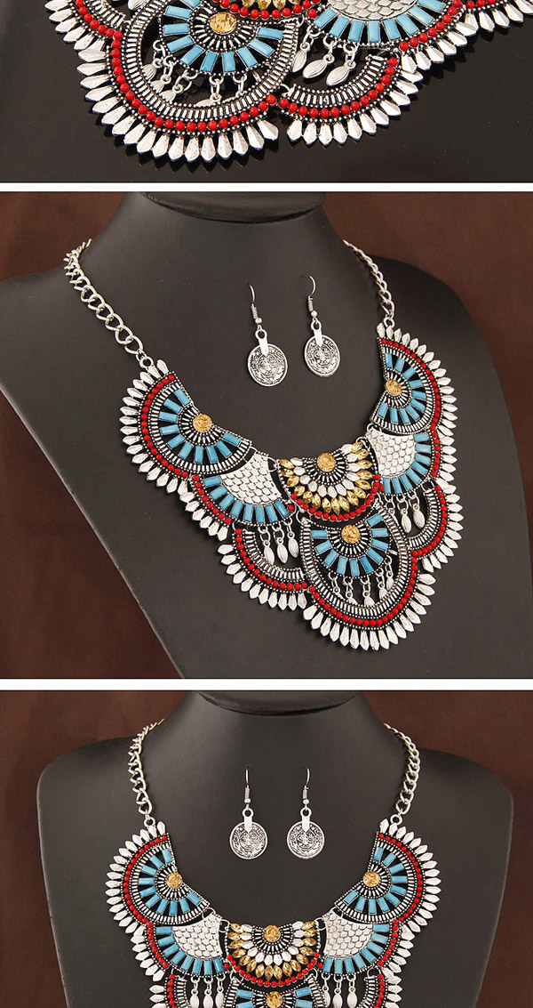 Exaggerate Antique Silver Diamond Decorated Fan Shape Design,Jewelry Sets