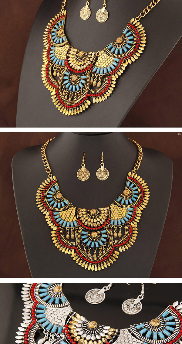 Exaggerate Antique Gold Diamond Decorated Fan Shape Design Alloy Jewelry Sets,Jewelry Sets