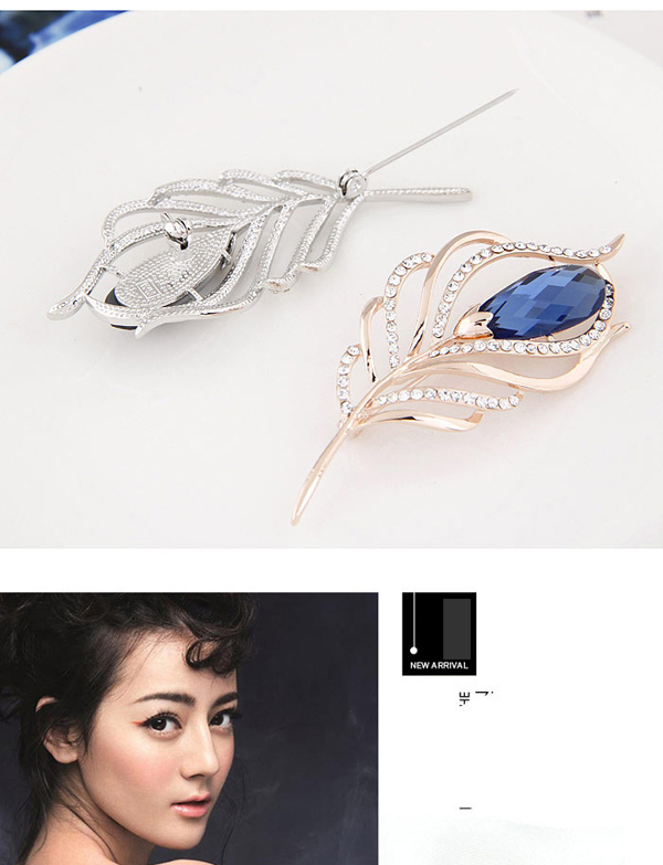 Sweet Blue Gemstone Decorated Feather Shape Design,Korean Brooches