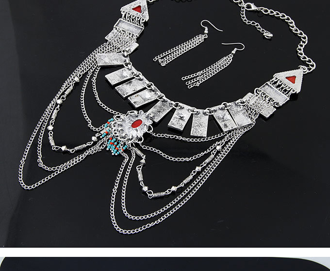 Retro Antique Silver Rectangle Shape Decorated Multilayer Design,Jewelry Sets