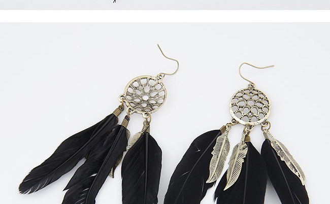 Personality Black Hollow Out Round Shape Decorated Feather Pendant Design,Drop Earrings