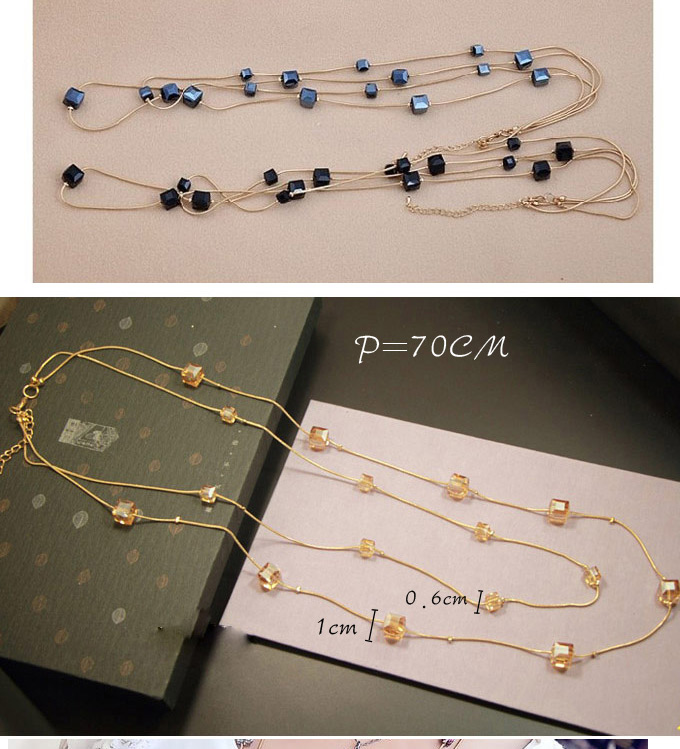 Fashion Navy Blue Square Diamond Decorated Double Layer Design,Chains