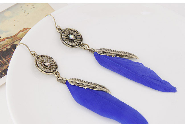 Personality Sapphire Blue Round Shape Decorated Feather Pendant Design,Drop Earrings