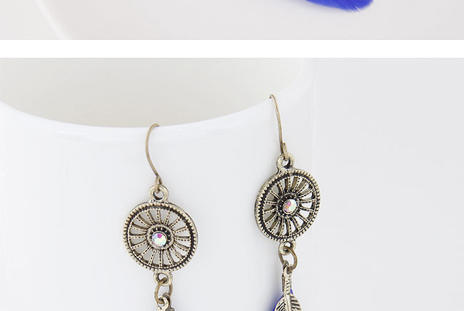 Personality Sapphire Blue Round Shape Decorated Feather Pendant Design,Drop Earrings