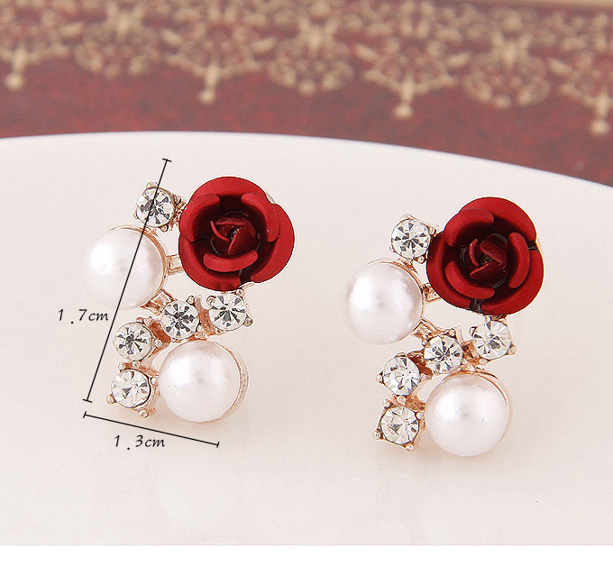 Sweet Red Diamond&rose Flower Decorated Simple Design,Stud Earrings