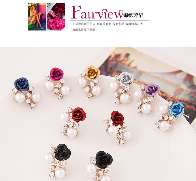 Sweet Gold Color Diamond&rose Flower Decorated Simple Design  Alloy Stud Earrings,Stud Earrings