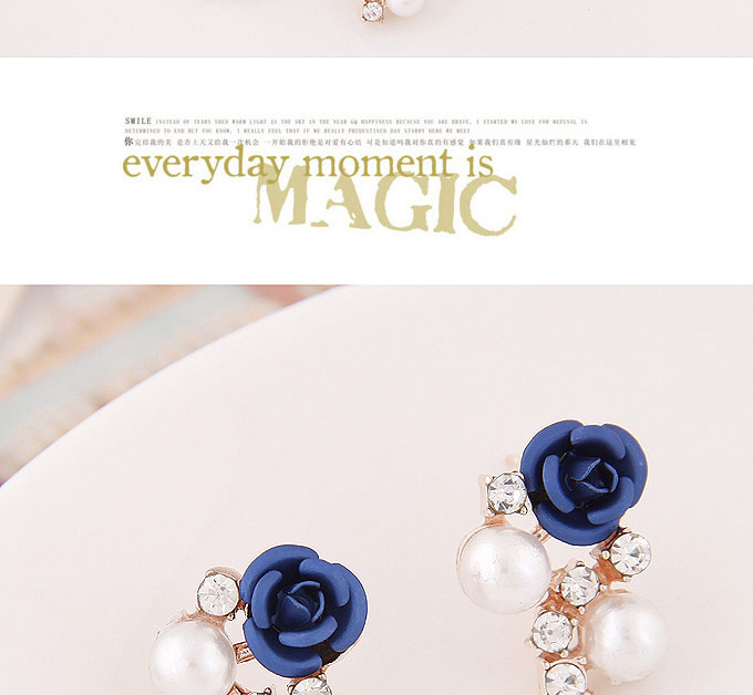 Sweet Dark Blue Diamond&rose Flower Decorated Simple Design  Alloy Stud Earrings,Stud Earrings