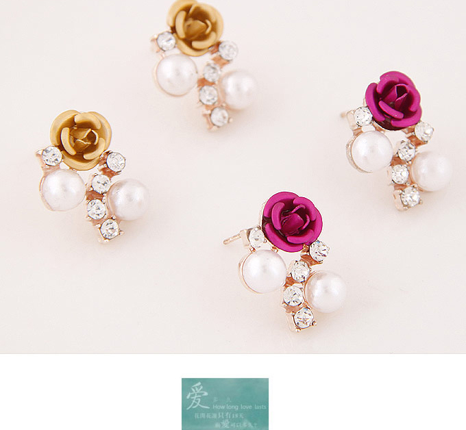 Sweet Dark Blue Diamond&rose Flower Decorated Simple Design  Alloy Stud Earrings,Stud Earrings