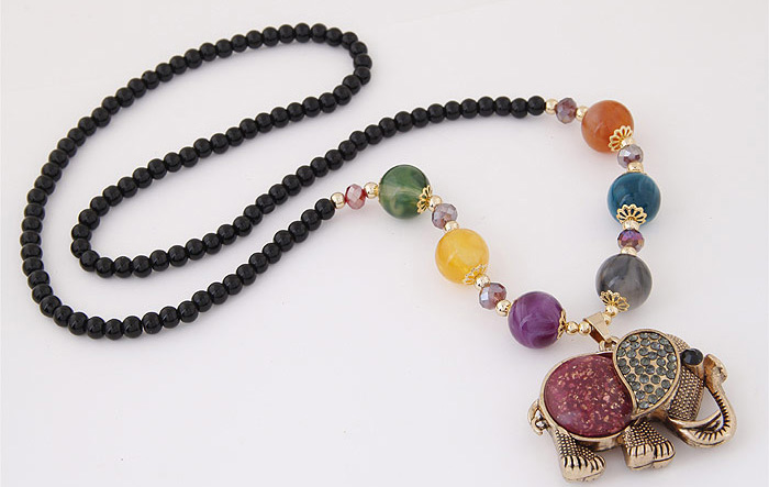 Lovely Multicolor Elephant Pendant&beads Decorated Simple Design,Beaded Necklaces