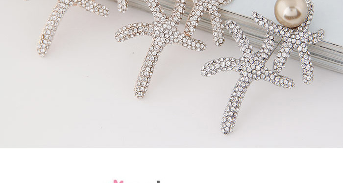 Elegant Silver Color Diamond&pearl Decorated Double Starfish Shape Design  Alloy Korean Brooches,Korean Brooches
