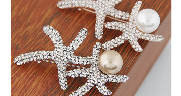 Elegant Silver Color Diamond&pearl Decorated Double Starfish Shape Design  Alloy Korean Brooches,Korean Brooches