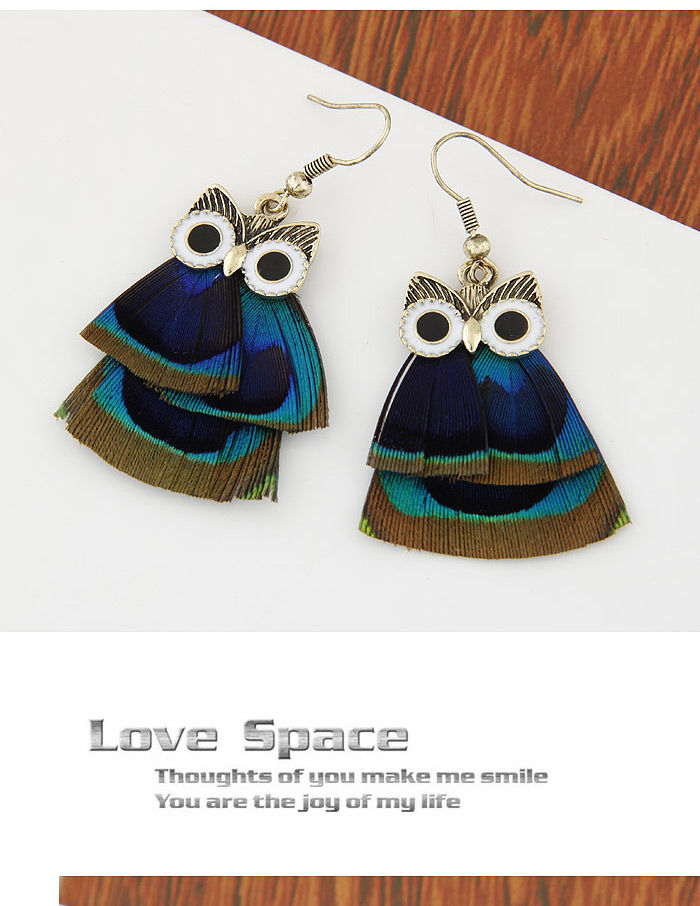 Sweet Multicolor Feather Decorated Owl Shape Design,Drop Earrings