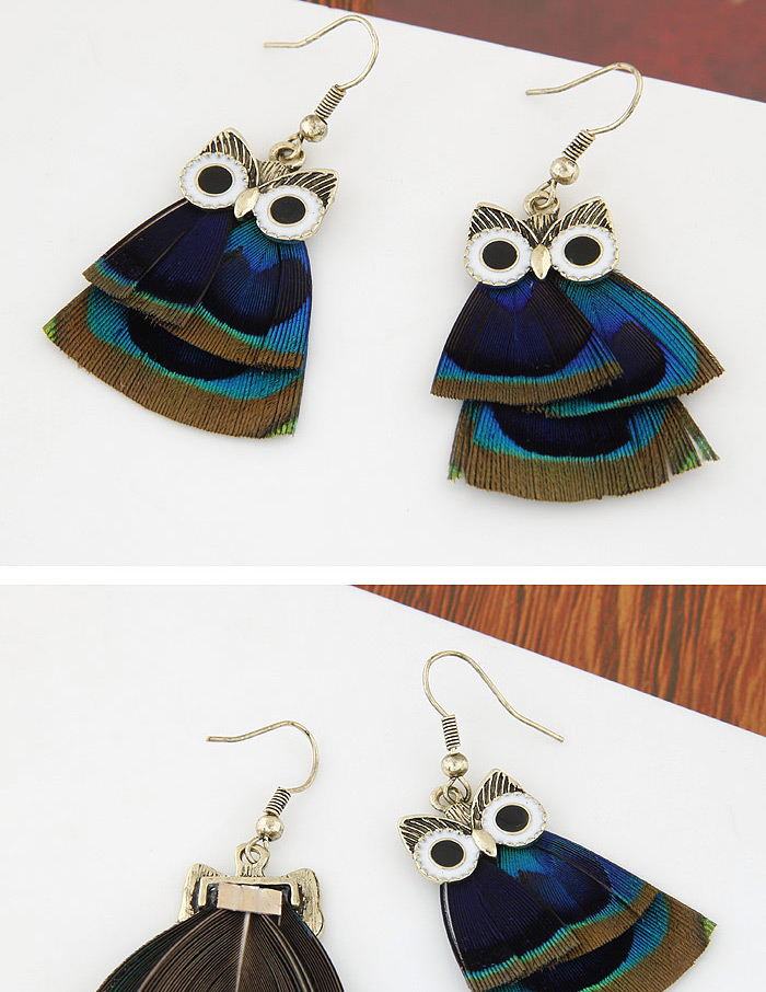 Sweet Multicolor Feather Decorated Owl Shape Design,Drop Earrings