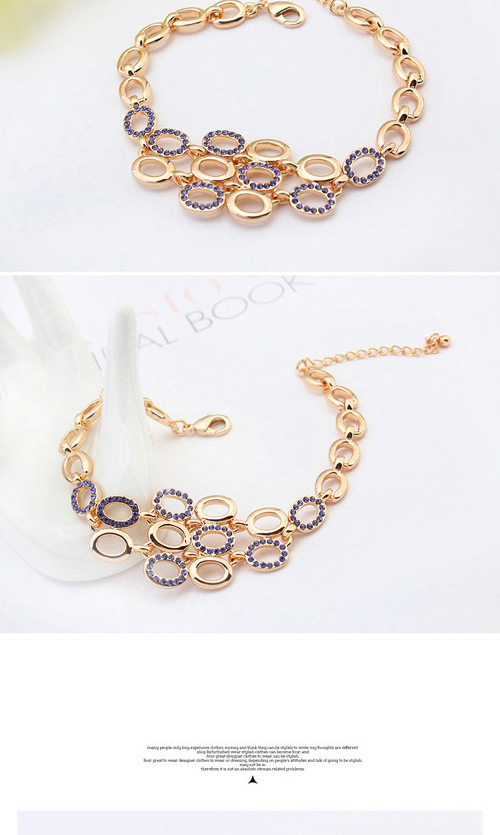 Elegant Champagne Gold+tanzanite Diamond Decorated Oval Shape Hollow Out Design Alloy Crystal Bracelets,Crystal Bracelets