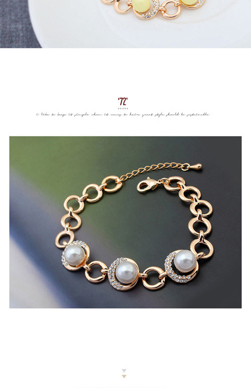 Elegant Champagne Gold+white Diamond&beads Decorated Circle Shape Design Alloy Crystal Bracelets,Crystal Bracelets