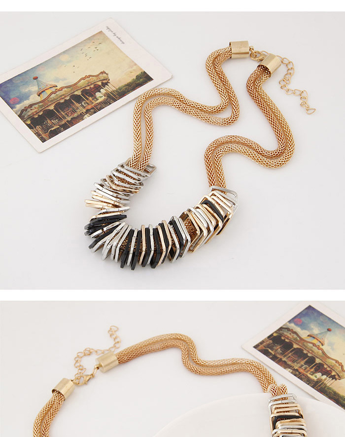 Fashion Gold Color Square Metal Pendant Decorated Double Layer Chain Design Alloy Bib Necklaces,Bib Necklaces
