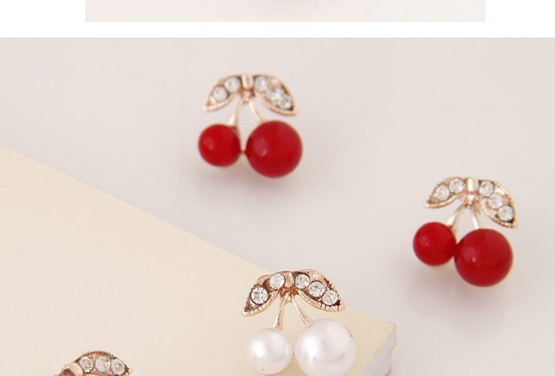 Sweet Red+white Diamond Decorated Cherry Shape Design Alloy Stud Earrings,Stud Earrings