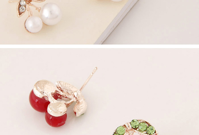Sweet Red+white Diamond Decorated Cherry Shape Design Alloy Stud Earrings,Stud Earrings