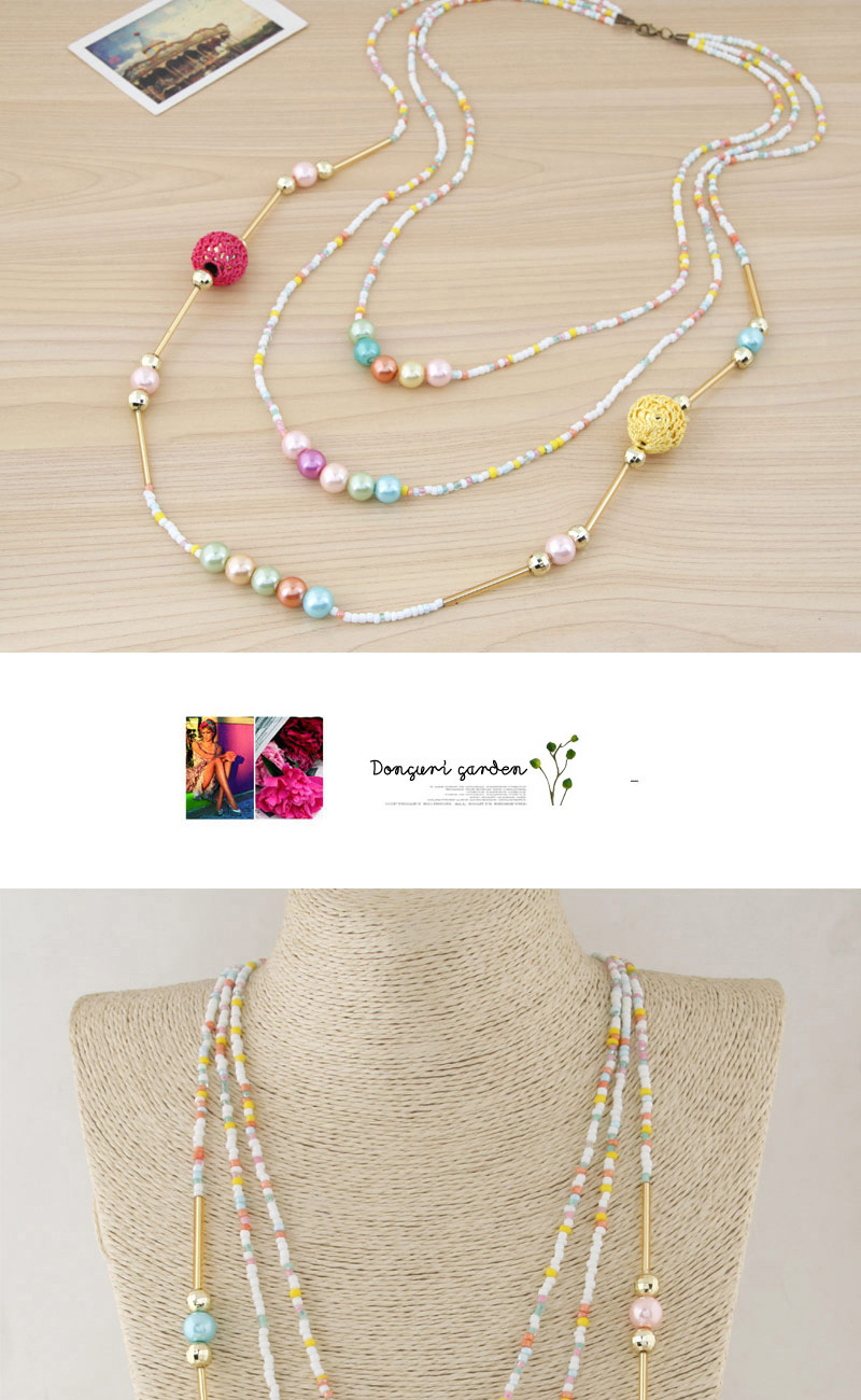 Fashion Pink Beads Decorated Multilayer Design Alloy Beaded Necklaces,Beaded Necklaces